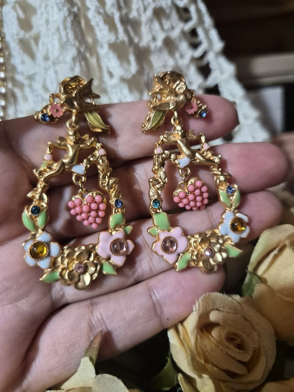 Gold Floral Drop Earrings with Pink and Green Enamel Accents